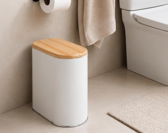 Smal papperskorg med lock, träådring, 7,5 liters papperskorg, modern design
