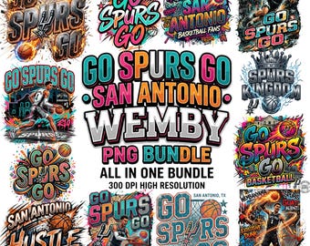 May include: A collection of colourful PNG graphics with basketball themes. The images include the phrases "Go Spurs Go," "San Antonio," and "Wemby," along with basketballs and player illustrations. The bundle is labelled as a "PNG Bundle" with a high resolution.