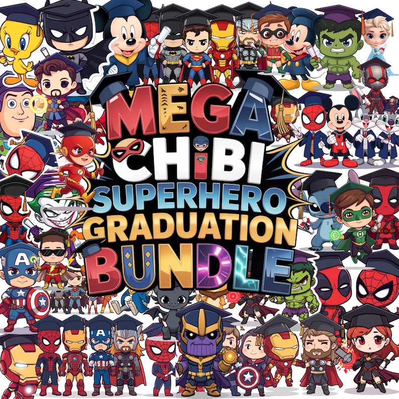 Mega Chibi Superhero Graduation Bundle, Graduation Clipart PNG, Cartoon ...