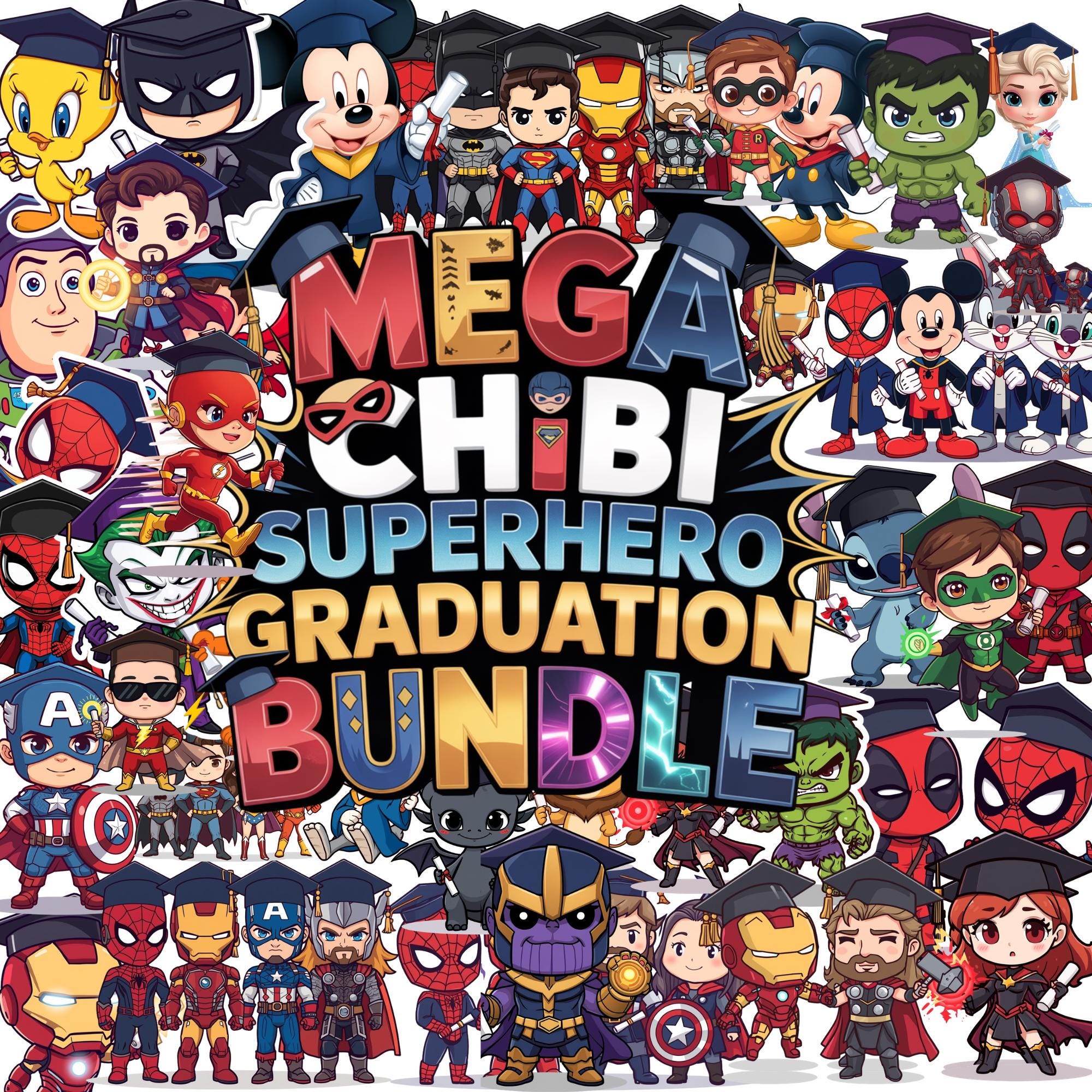 Mega Chibi Superhero Graduation Bundle, Graduation Clipart PNG, Cartoon ...