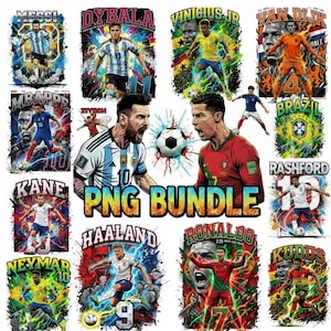 May include: A vibrant collection of digital illustrations showcasing football players. The artwork includes portraits of Messi, Ronaldo, Mbappe, and others, with their names and numbers. The phrase "PNG BUNDLE" is displayed in a prominent position.