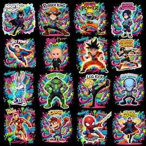 May include: A selection of vibrant pop art stickers showcasing cartoon characters and superheroes. Each sticker has a unique design with bright colours and graffiti-style backgrounds. The stickers include characters like Batman, Superman, and Spider-Man.