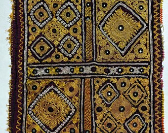 Vintage Zari Embroidered Textile Panel Mirror Work Indian Folk Art Decor