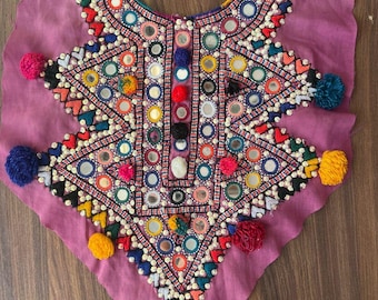 Handmade Banjara Kutchi Embroidered Neck Yoke, Vintage Boho Tribal Mirror Patch, Sewing Craft Supply