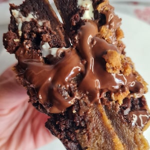 Peut inclure: Gros plan sur un dessert au chocolat coupé en deux, révélant des couches de brownie, de pâte à biscuits et de chocolat fondu. Le dessert est brun foncé avec une texture gluante et une base de pâte à biscuits brun clair.