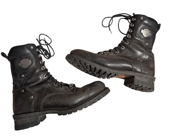 Botas de moto Harley-Davidson para hombre, de cuero negro, con cremallera lateral y cordones, suela con tacos.