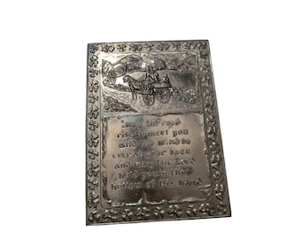 Vintage Irish Blessing Plaque Embossed Metal May the Road Rise Shamrock Border