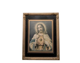 Antique Sacred Heart of Jesus Lithograph Print Gilt Wood Frame Black Mat 17x13