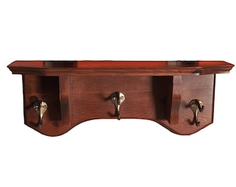 Vintage Wooden Wall Shelf with 3 Hooks Brown Wood Sawtooth Hangers