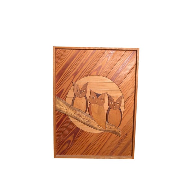 vintage Bill Hopkins 1988 incrustations de bois hibou art mural artisanal art folklorique 18 x 24