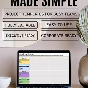 May include: A laptop screen showing a project template, with the text "GOVERNANCE MADE SIMPLE." Other text includes "PROJECT TEMPLATES FOR BUSY TEAMS," "FULLY EDITABLE," "EASY TO USE," "EXECUTIVE READY," and "CORPORATE READY." The words "INSTANT DIGITAL DOWNLOAD" are also visible.