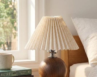 Pleated Fabric Table Lamp with Wood Base, 3 Color LED USB Night Light, Modern Bedroom Bedside Lamp, Minimalist Living Room Accent Light