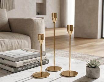 3er Set goldene Kerzenhalter, Kerzenständer aus Messing, minimalistisches modernes Bauernhausdekor