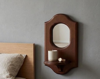 Massivholz Wand Spiegel Wandleuchte mit Regal • Vintage Kerzenhalter Dekor