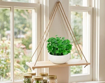 Handgefertigtes hängendes Seilregal aus Holz, Boho-Pflanzenanzeige, kleine Aufbewahrungsmöglichkeit