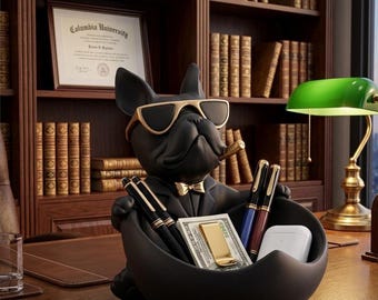 Matte Black Französische Bulldogge Statue Catchall Schüssel | Goldakzente, Schreibtisch Organizer