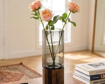 Mid Century Modern Hydroponische Rauchglasvase mit Holzsockel