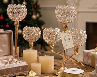 Gold Kristall Kandelaber, 3-armige Tischdekoration, Hollywood Regency Glamour Kerzenhalter