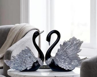 Set mit 2 Schwanenskulpturen - Modernes Luxusharz als Herzstück, Symbol der Liebe