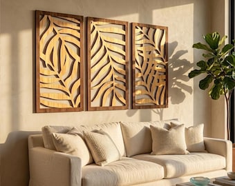 3er Set Tropische Monstera Holzwandpaneele, abstrakte Blattschnitzkunst