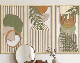 3-teilige Holzwandskulptur, abstrakte salbeigrüne geometrische Kunst, modernes Wohnzimmerdekor