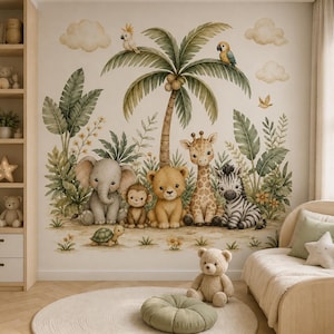Safari Animal Peel and Stick Wallpaper, Jungle Nursery Mural, Tropical Forest Decor