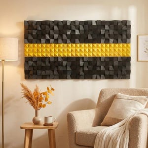 Horizontale geometrische Holzkunst, schwarze und gelbe Schallschutz-Wandplatte, 3D-Mosaik-Dekor, moderner Schalldiffusor, Wohnzimmerakzent