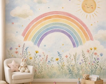 Regenboog zelfklevend behang, muurschildering voor kinderkamer, pastelkleurig verwijderbaar behang voor de babykamer, speelkamerdecoratie