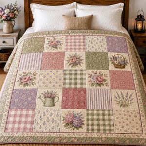 Peut inclure: Un couvre-lit en patchwork composé de divers carrés à motifs floraux, carreaux vichy et rayures dans des tons rose, vert et lavande. Le tissu présente des illustrations de paniers de fleurs, d'arrosoirs et de bouquets de fleurs.