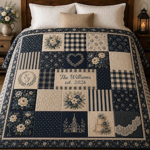 Pode incluir: Uma colcha de retalhos com quadrados azul-marinho e creme com padrões florais, xadrez e riscas. O centro inclui um painel retangular com o texto The Williams est. 2026, um motivo de coração, uma igreja e um bolo de casamento.