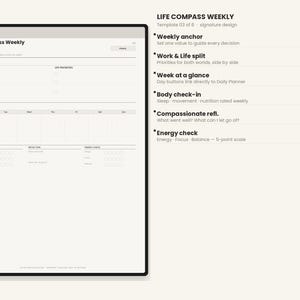May include: A digital weekly planner template titled Life Compass Weekly. The layout includes sections for work and life priorities, a weekly schedule, body check-in, compassionate reflection, and energy check. Text details features like weekly anchor, work and life split, week at a glance, body check-in, compassionate reflection, and energy check.