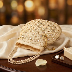 May include: A cream-coloured drawstring pouch featuring a diamond-patterned gold embroidery and small circular mirrors throughout. The bag includes a double-strand handle made of white faux pearls and gold beads, with a matching drawstring closure.