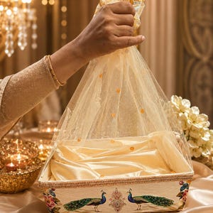 May include: A rectangular gift basket featuring a cream-colored base decorated with two painted peacocks and floral accents. The basket is wrapped in a sheer, gold-toned tulle fabric with small embellishments, gathered at the top with a gold ribbon.