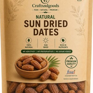 May include: A tan stand-up pouch of Craftsndgoods Natural Sun Dried Dates. The packaging features text including 100% Natural, Sun Dried, and Rich in Nutrients. A wooden bowl filled with dates sits above a clear window displaying the dried fruit.