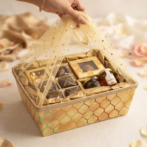 May include: A rectangular gift basket with a gold lattice pattern containing assorted chocolates in square boxes and two small glass jars, one labeled Saffron. The basket is wrapped in a sheer gold-sequined tulle fabric tied at the top.