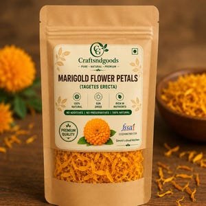 May include: A brown stand-up pouch containing dried marigold flower petals. The label reads Craftsndgoods, Marigold Flower Petals (Tagetes Erecta), 100% Natural, Sun Dried, Rich in Nutrients, No Additives, No Preservatives, Premium Quality, and fssai.