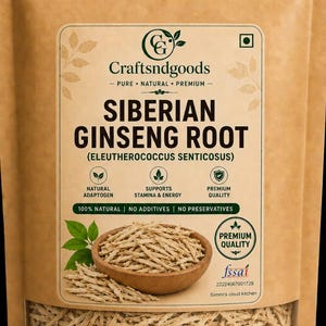 Può includere: Una busta marrone in piedi contenente radice di ginseng siberiano. L'etichetta riporta il testo Craftsndgoods, Siberian Ginseng Root, Eleutherococcus Senticosus, Natural Adaptogen, Supports Stamina & Energy, Premium Quality, 100% Natural, No Additives, No Preservatives.