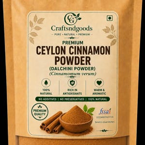 May include: A brown paper pouch containing premium Ceylon cinnamon powder. The label features the text Craftsndgoods, Premium Ceylon Cinnamon Powder, Dalchini Powder, Cinnamomum verum, 100% Natural, Rich in Antioxidants, Warm & Aromatic, and fssai.