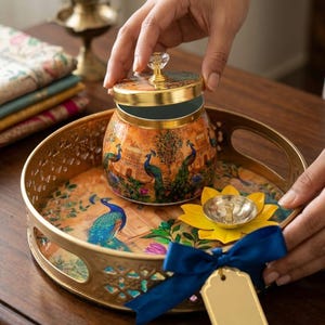 May include: A round gold-toned metal tray with intricate cut-out sides, featuring a peacock and floral print base. It holds a matching lidded jar with a clear crystal knob and a yellow lotus-shaped candle holder, accented by a blue ribbon and tag.