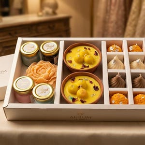 Puede incluir: Una caja de regalo blanca con la etiqueta Aurum Delights que contiene dos cuencos de terracota llenos de cera amarilla y pétalos de flores, una vela con forma de flor color melocotón, cuatro frascos de vidrio con tapas doradas y ocho dulces de cera.