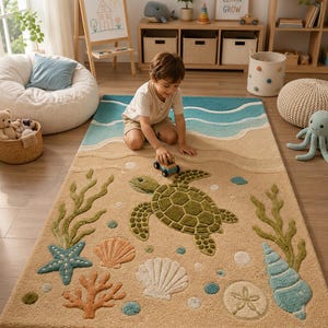 Handmade Sea Turtle Wool Rug, Coastal Beach Nursery Decor, Ocean Nautical Home,sea shell.