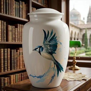 Peut inclure: Une urne funéraire en céramique blanche brillante ornée d'une peinture de geai bleu en plein vol. L'oiseau présente des plumes détaillées dans des tons de bleu et de blanc, avec des éclaboussures de peinture bleue autour des ailes et de la queue.