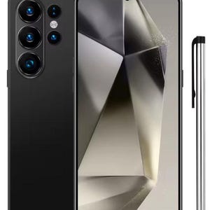 May include: A black smartphone featuring a multi-lens camera array on the back and a large touchscreen display with a geometric abstract graphic. A slim, silver stylus with a black clip and tip is positioned vertically to the right of the device.