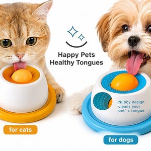 Puede incluir: Un limpiador de lengua para mascotas blanco con una bola naranja central, con una base amarilla para gatos y una base azul para perros. El texto dice Happy Pets Healthy Tongues y Nubby design cleans your pet's tongue. Tiene una superficie texturizada.