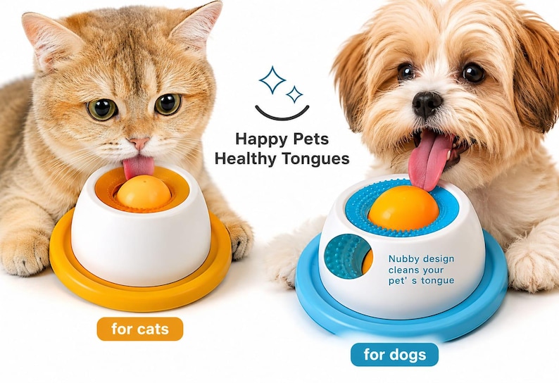 Puede incluir: Un limpiador de lengua para mascotas blanco con una bola naranja central, con una base amarilla para gatos y una base azul para perros. El texto dice Happy Pets Healthy Tongues y Nubby design cleans your pet's tongue. Tiene una superficie texturizada.