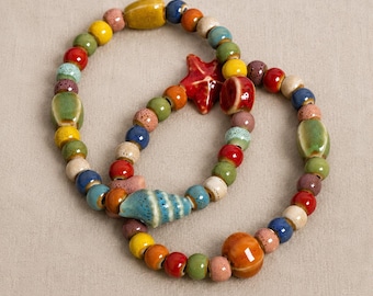 Handmade Ceramic Starfish Seashell Bracelet, Boho Beach Beaded Jewelry