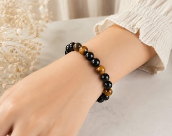 Natural Hematite Tiger Eye Beaded Bracelet: Handmade Unisex Energy Jewelry