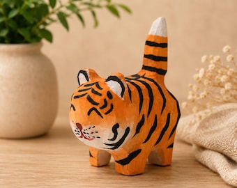 Hand Carved Wooden Cat Figurine, Handmade Kitten Ornament, Rustic Animal Decor,  Cat Lover Gift