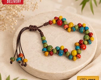 Handwoven Ceramic Bead Bracelet: Colorful Boho Ethnic Adjustable Cord Jewelry