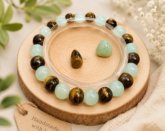 Handmade Green Aventurine Tiger Eye Bracelet: Healing Crystal for Luck, Confidence